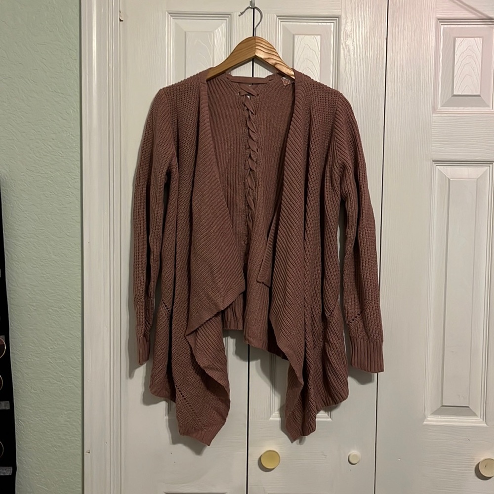 Pink Rose pink cardigan sweater with breaded accents.